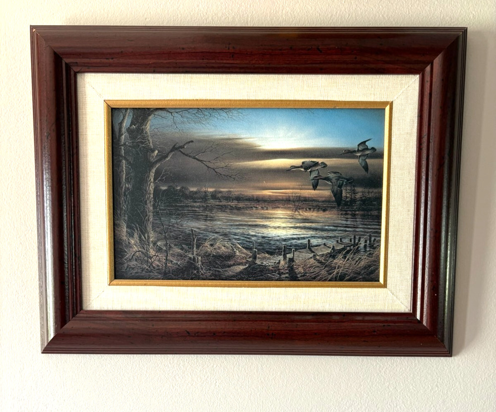 Sunset Landscape Scene With Flying Ducks Oil Painting 17 W x 13 T Nice